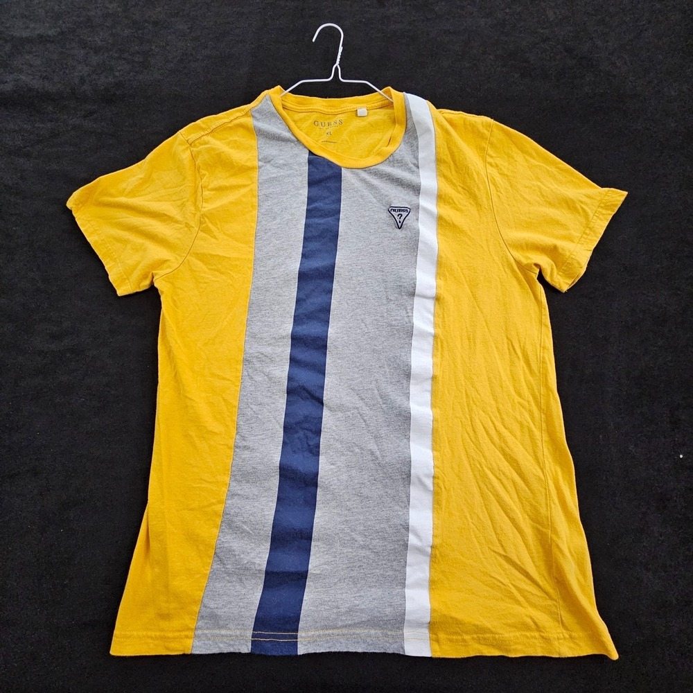 Guess Yellow Striped Embroidered Short Sleeve Cotton T-Shirt Men's XL - Picture 1 of 8